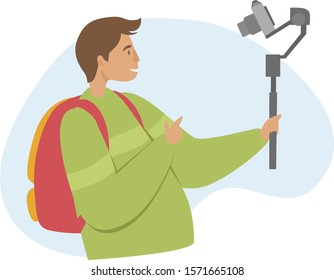 Concept of live streaming, broadcast, social media networking. Blogger records video on the camera using an electronic camera stabilizer. Man guy takes himself video on camera flat vector illustration