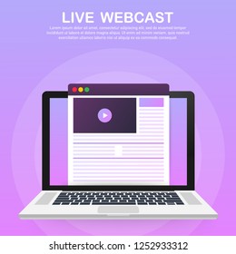 Concept live webcast for web page, banner, presentation, social media, documents. Watch video online. Vector stock illustration.