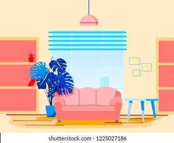 Concept living room interior including sofa and lamp, clock, plant, window, pictures in flat design blue and pink color. Banner. Background. Vector illustration.