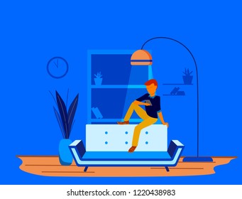 Concept living room interior with man sitting on sofa using phone pad tablet, chat, social media. Lamp, clock, plant, cabinet in flat design blue and orange color. Banner. Background. Vector.