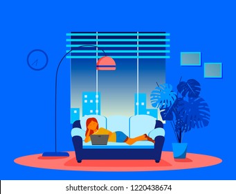 Concept living room interior with young woman using laptop computer, chat social media. sofa and lamp, clock, plant, window, pictures in flat design blue and pink color. Banner. Background. Vector.