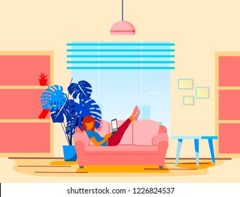 Concept living room interior with young woman using laptop computer, chat social media. sofa and lamp, clock, plant, window, pictures in flat design blue and pink color. Banner. Background. Vector.