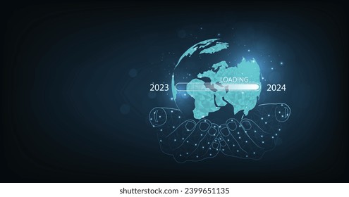 Concept of loading progress from 2023 to 2024. Hand-holding a globe with a download status bar to change from 2023 to 2024 for the countdown of Happy New Year by technology concept.