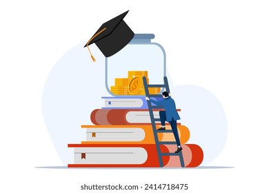 Concept of loan for education. Student character invests money in education, character lends money to other friends. Concept of university and tuition fees. Flat vector illustration on white backgroun