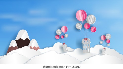Concept and the loan to purchase the home as a gift. and there are the houses that are being floated by balloons above the clouds. and origami or paper cut style design.and illustration or background.