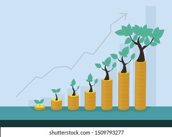 Concept of loans for hire purchase Real estate,Trees plant on coins stack , Csr in success Business, Graph up for web or background.Growing up of business concept background