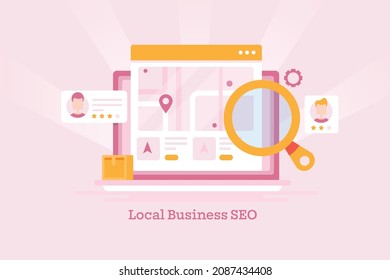 Concept Of Local Business, Local Listing, User Review, Business Near Me - Flat Design Vector Illustration Banner