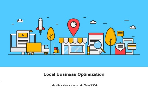 Concept Of Local Business Optimization, Optimizing Local Listing For Marketing, Vector Illustration Isolated On Blue Background 