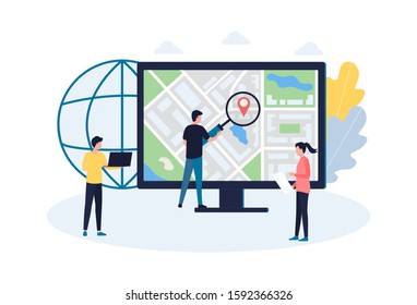 The concept of local SEO promotion, market research and competitor analysis. The work of the marketing department, analytics, data collection, delivery logistics, cost reduction. Flat vector illustrat