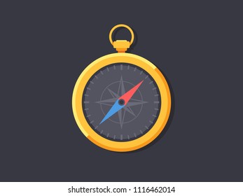 Concept of location. Golden compass with a blue and red arrow in on a dark gray background. Vector illustration