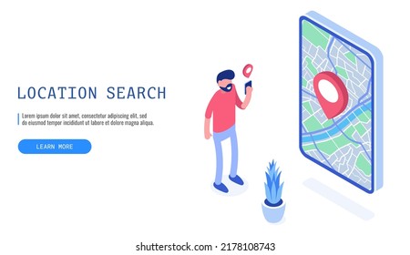 Concept of location search. Web banner. Man looking for a destination. Vector illustration.