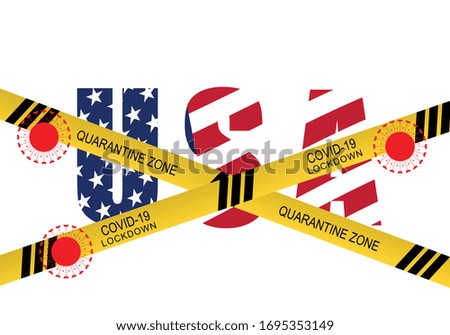 Concept of lockdown United States of America from covid-19 or corona viruses 2019 pandemic outbreak. Yellow tape on USA text. Vector illustration.