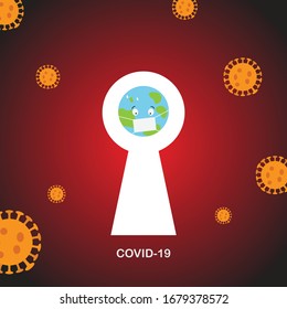 Concept of lockdown the world to stop Covid-19 virus pandemic outbreak. Design of globe with protective mask on red background. Vector illustration.