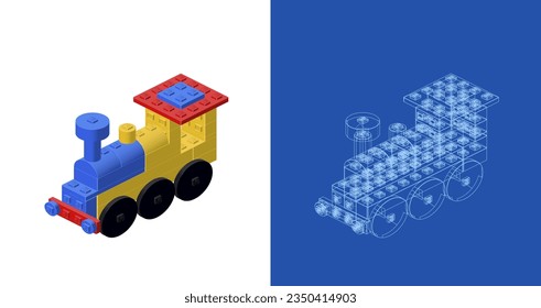 Concept with locomotive in isometric style for print and decoration. Vector clipart.