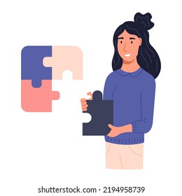 El concepto de pensamiento lógico y estructural. La mujer sostiene un rompecabezas. Ilustración vectorial plana