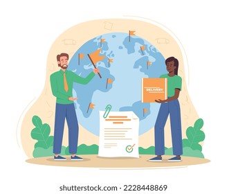 Concept of logistic. Man and woman with boxes on background of globe put yellow flags. International trade and globalization. Online shopping and home delivery. Cartoon flat vector illustration