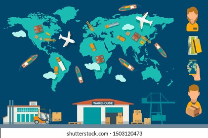 Concept logistic process from factory to the warehouse. Top view world map with ship, truck, airplane and car. Vector color flat illustration for info graphic, web, business, banner, presentations