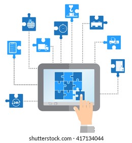 concept of logistics business, collected puzzles on laptop