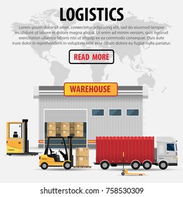 The concept of a logistics center. Distribution, loading, unloading and transportation of goods. Elements of logistics skald, truck, load handler, forklift and global trade in the world vector

