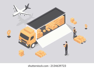 Concept of logistics. Men unload boxes from truck. Warehouse workers with goods. Globalization and sending parcels from one country to another, international trade. Isometric vector illustration