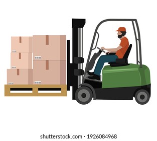 The concept of a logistics service for storage and delivery. A forklift truck with a uniformed driver at the wheel. Vector illustration