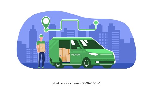 Concept for a logistics service using electric vehicles. Vector illustration.