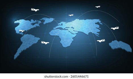 Concept of logistics or transportation technology. airplanes with a motion path on the world map to deliver goods.