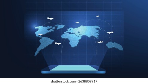 Concept of logistics or transportation technology. airplanes with a motion path on the world map to deliver goods.	
