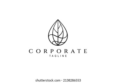 Concept logo an abstract image of a water drop with tree leaves in minimal line art design style.