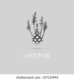 Concept logo design of the spruce fir forest. There are trees growing from the cone. Can be used as a forest logo or eco system symbol, sign, print , stamp or concept image