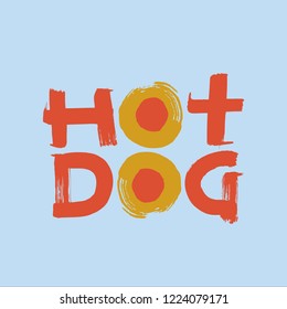 Concept logo. Hand drawn vector design element: Word Hot Dog written with brush and gold paint on blue background. sausages in the shape of the letter O.