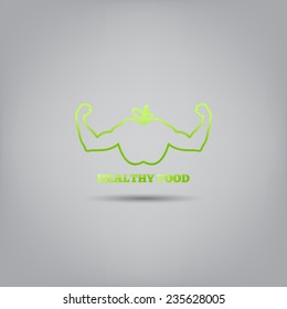 Concept logo of healthy food. Concept of vector icon with an apple and strong hands.