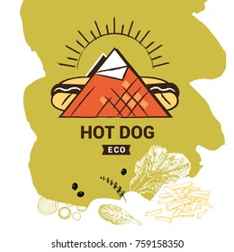 Concept logo. Hotdog with mustard packing in serviette. Delicious american food. Sketch vector illustration.Template design for menu cafe and fast food restaurant. 

