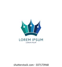 Concept of logo of lawyer with fountain pens. Template logo of lawyers company stationery company in the form of crown.