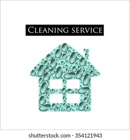 Concept logo, mascot for the cleaning service. Vector illustration of a clean home. Vector icons of buildings in the drops of pure water.