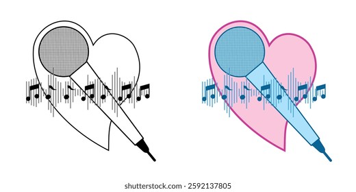 Concept logo with microphone on heart background. Love Podcast logo. Karaoke and love, logo idea. Family design of the podcast logo. EPS 10. Vector illustrations