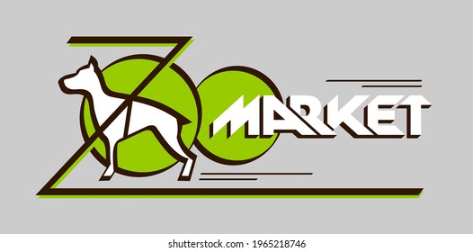 Concept logo name for Zoo market, zoopark banner, pet shop advertising, domestic animals store, veterinary clinic title, hunt dog club brand with doberman silhouette icon and creative lettering text