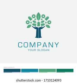 Concept logo resembling two hand in the shape of a tree with leaves and window/industrial elements. Editable vector file with color palette.