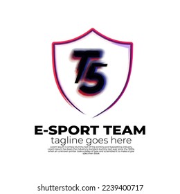 concept logo shield esport initial T and number 5 black, red, pink, blue colors