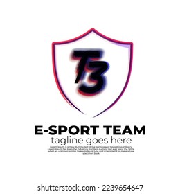 concept logo shield esport initial T and number 3 black, red, pink, blue colors