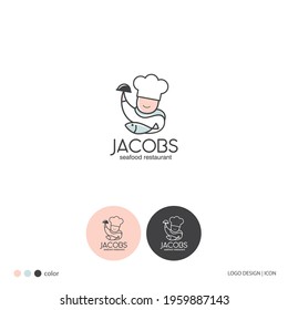 The concept of a logo with a smiling chef symbol is raising his hand up carrying the food menu tray. Fish symbol for seafood menu. Can be for restaurant logos, or processed seafood products etc.