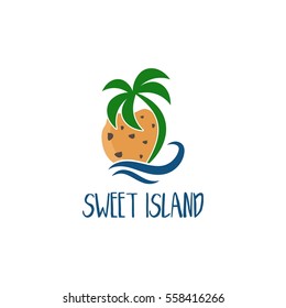 Concept logo template with handmade cookie and palm tree and ocean wave. Vector illustration