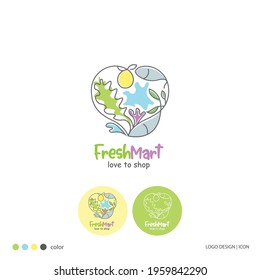 The concept of a logo with a unity of illustration of vegetables, fruit and fish symbols forms love. Logo can be for shop or supermarket or plantation and livestock industry etc.