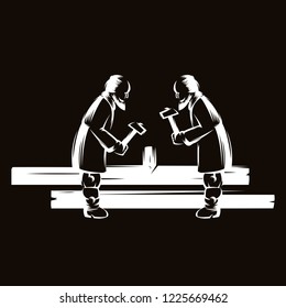 Concept logo. Vector Illustration with the Russian folk wooden toy - the Hammerman. Bearded Man with a hammer