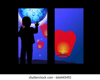 The concept of loneliness. Boy on the window and Chinese lanterns. Vector illustration for your design. Use for the site, print, postcards, social networks,