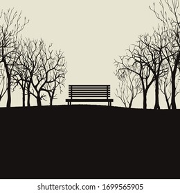 concept of loneliness. An empty bench in the middle of the forest. Vector
