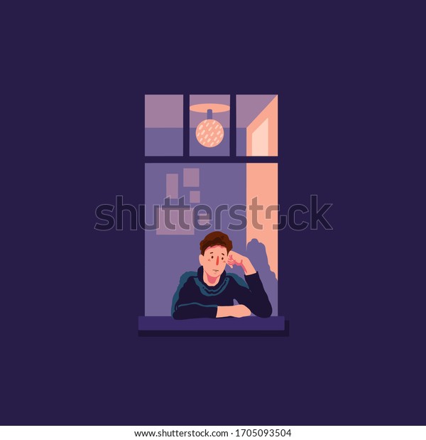concept of loneliness, in the form of a\
silhouette of a man in the city night window. symbol of expectation\
and thoughtfulness