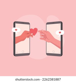 Concept of Long distance relationship and communication. Loving couple chatting via smartphone vector illustration