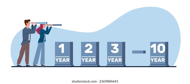 Concept of long range planning, businessmen look through telescope to see future of project. Successful vision, searching goals, ambition and motivation. Vector cartoon flat illustration