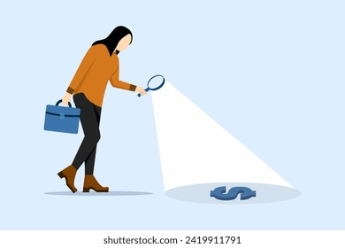 concept of looking for investment opportunities, stock market research or hidden costs and expenses, businesswoman looking through a magnifying glass to see dollar signs looking for money.